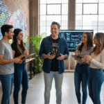 Jovem da Geração Z usando notebook em ambiente colaborativo, representando o novo modelo de liderança digital