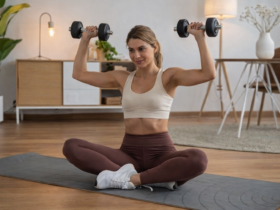 Pessoa treinando com halteres em sala iluminada por luz natural, com tapete de yoga no chão e ambiente doméstico organizado ao fundo.