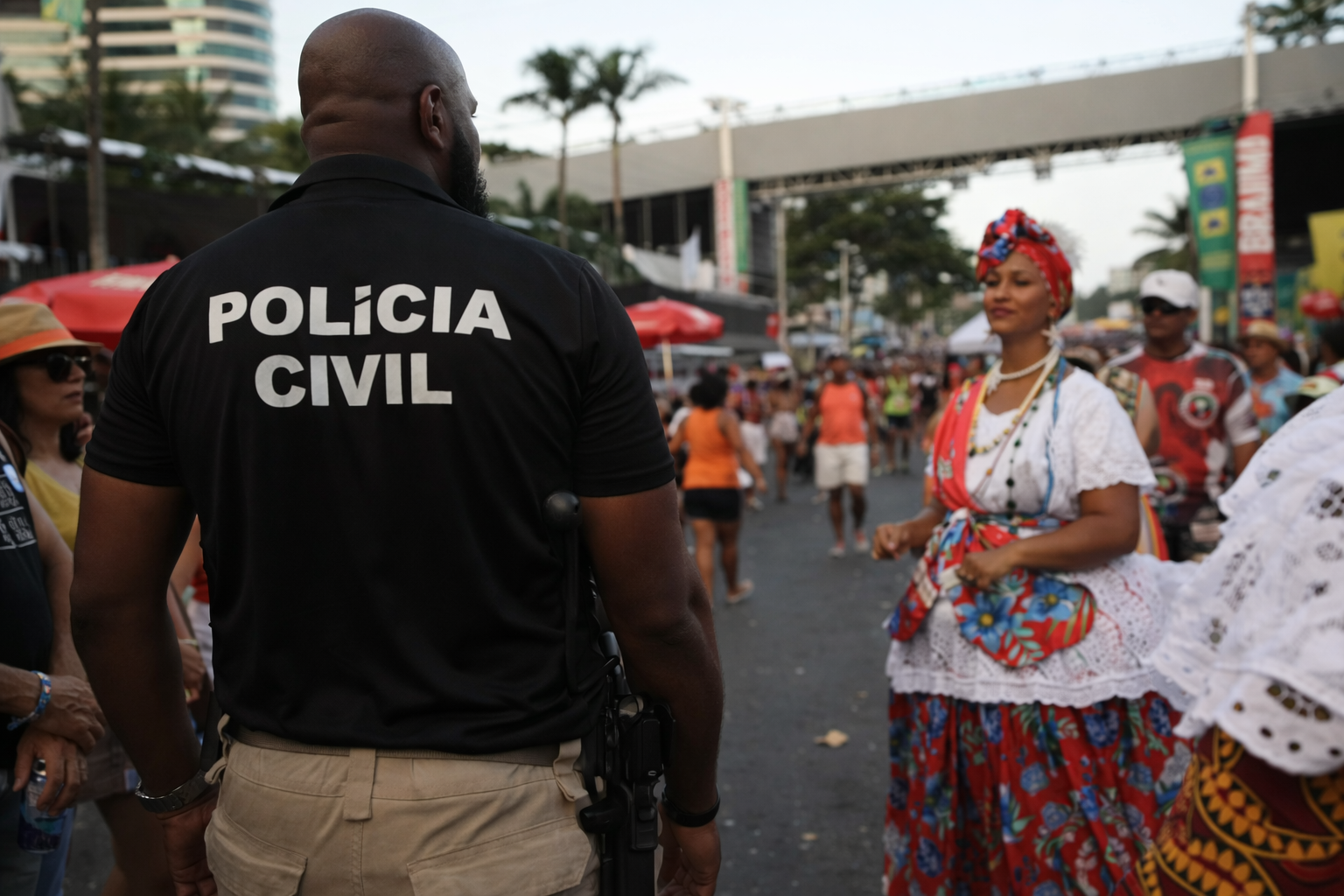 Agente da Polícia Civil patrulhando circuito do Carnaval de Salvador, com foliões ao redor e estrutura de camarotes ao fundo
