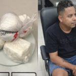 Imagem dividida mostra porções de droga apreendidas sobre balança e homem detido sentado em cadeira durante ação policial