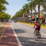 Ciclista trafegando pela Avenida dos Araçás em Araçatuba durante o dia, com comércio ativo e palmeiras ao longo da via urbana