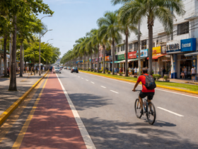 Ciclista trafegando pela Avenida dos Araçás em Araçatuba durante o dia, com comércio ativo e palmeiras ao longo da via urbana