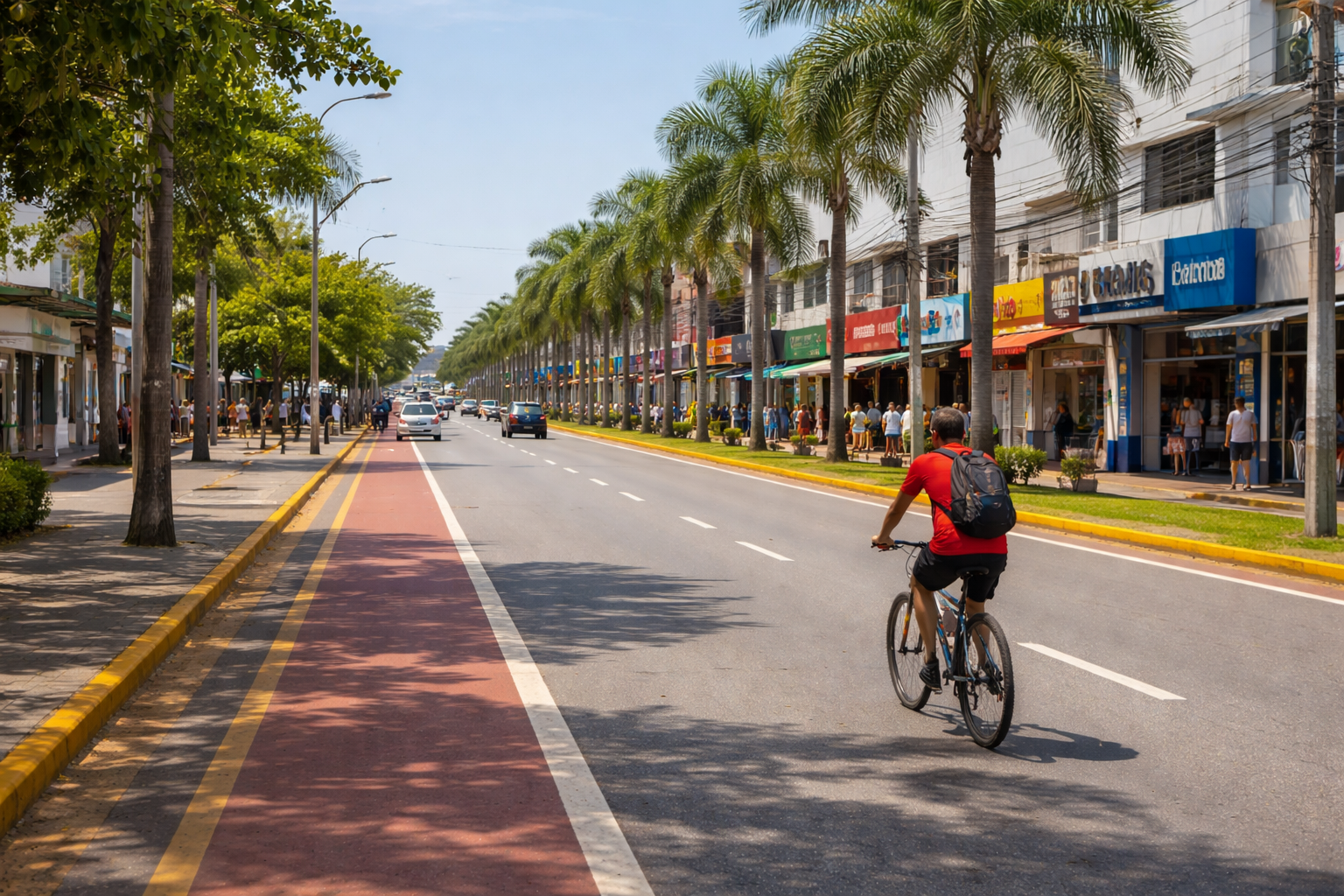 Ciclista trafegando pela Avenida dos Araçás em Araçatuba durante o dia, com comércio ativo e palmeiras ao longo da via urbana