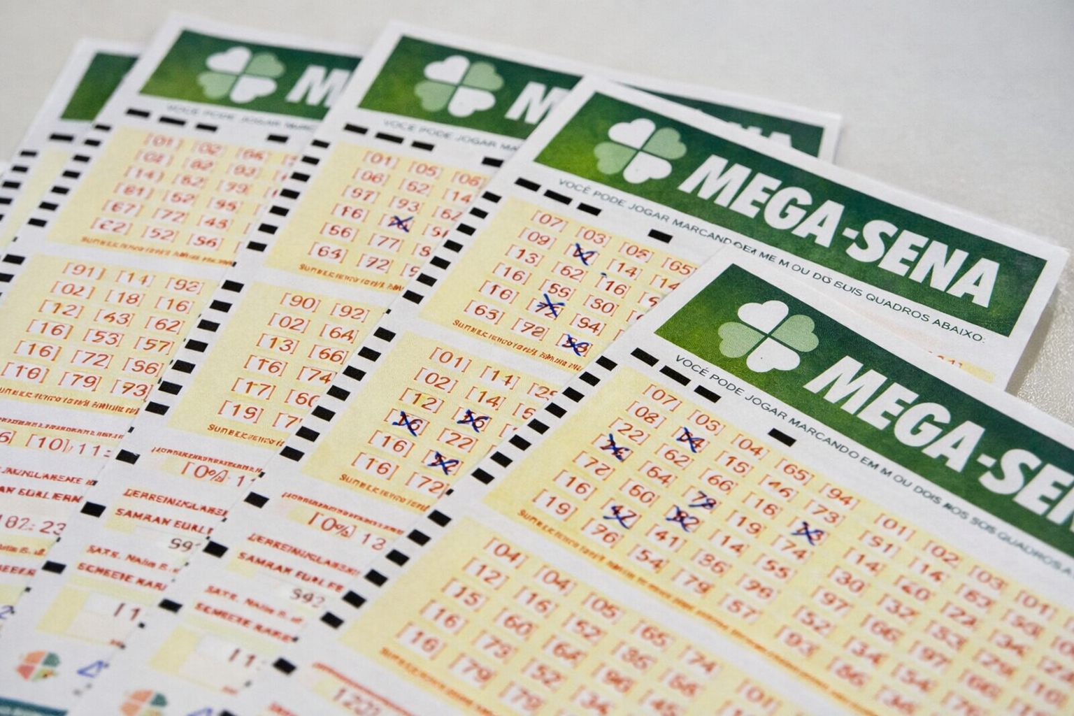 Vários volantes da Mega-Sena dispostos sobre superfície clara, com números marcados em caneta azul para participação no sorteio