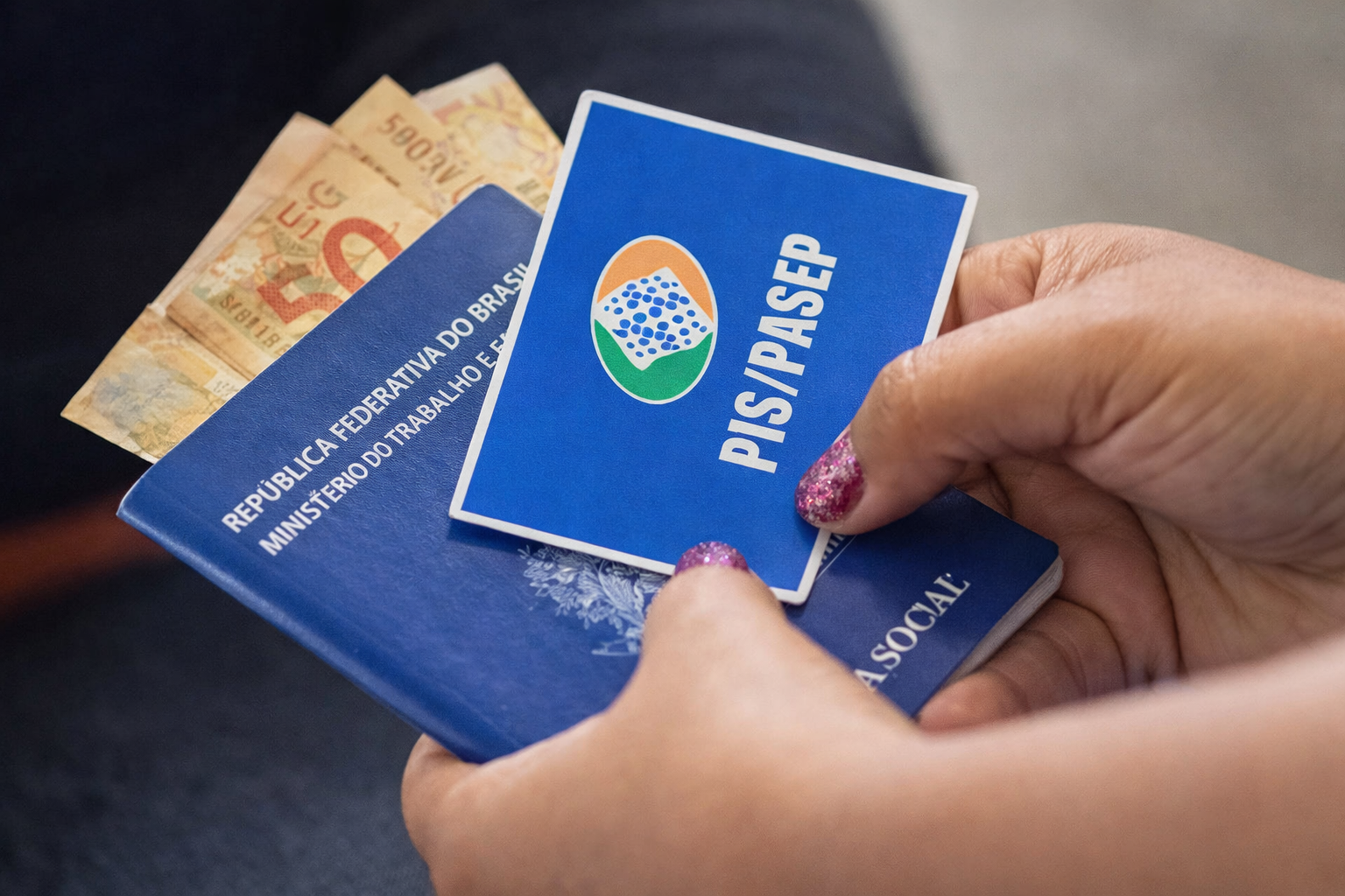 Mãos segurando cartão do PIS/Pasep junto a carteira de trabalho e dinheiro em real, representando pagamento do abono salarial no Brasil