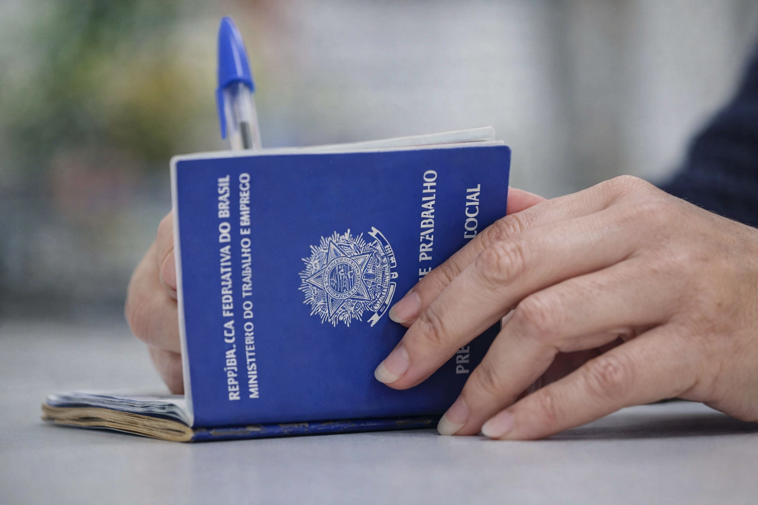 Mão segurando carteira de trabalho azul sobre mesa, representando mercado de trabalho e vínculos formais no Brasil