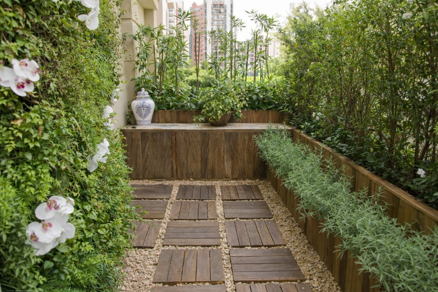 Pequeno jardim em varanda com parede verde, vasos e piso de madeira, exemplo de paisagismo para espaços reduzidos em apartamento.