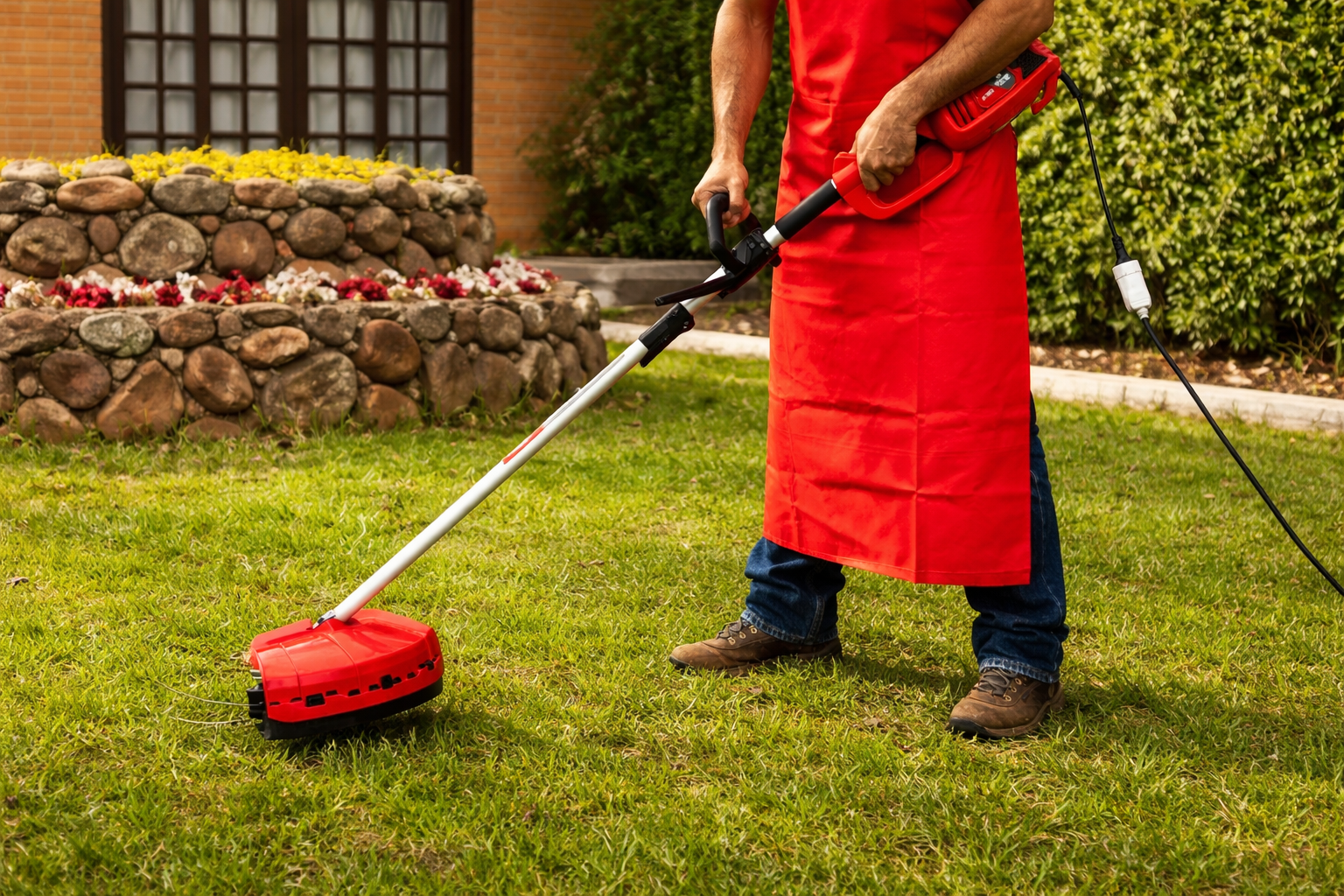 Pessoa operando aparador elétrico de grama em jardim residencial, realizando manutenção do gramado no verão.