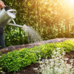 Pessoa regando plantas com regador metálico em jardim residencial ao pôr do sol, destacando cuidados com irrigação no verão.
