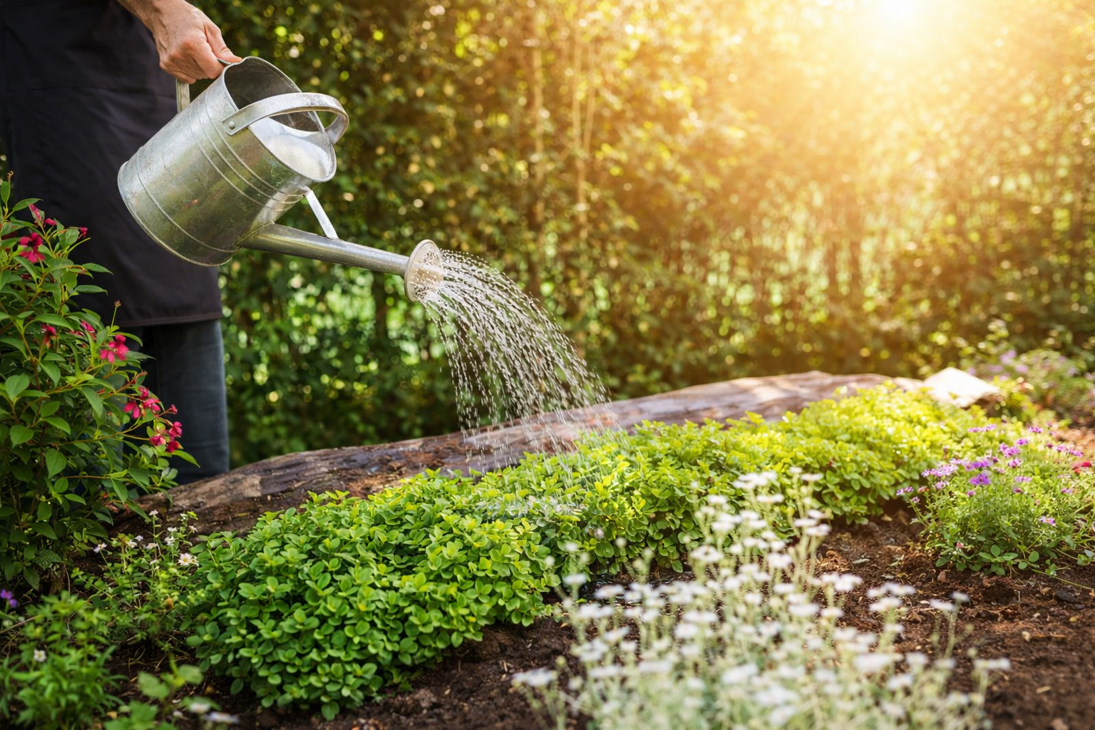 Pessoa regando plantas com regador metálico em jardim residencial ao pôr do sol, destacando cuidados com irrigação no verão.