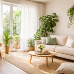 Sala iluminada por luz natural com cortinas brancas leves e plantas verdes próximas à janela, transmitindo frescor e conforto térmico.