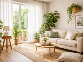 Sala iluminada por luz natural com cortinas brancas leves e plantas verdes próximas à janela, transmitindo frescor e conforto térmico.