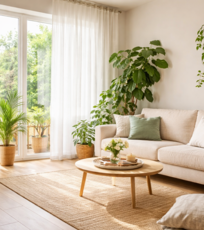 Sala iluminada por luz natural com cortinas brancas leves e plantas verdes próximas à janela, transmitindo frescor e conforto térmico.