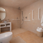 Banheiro acessível com barras de apoio, área ampla e piso antiderrapante, projetado para segurança e mobilidade de idosos.