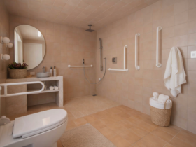 Banheiro acessível com barras de apoio, área ampla e piso antiderrapante, projetado para segurança e mobilidade de idosos.