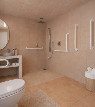 Banheiro acessível com barras de apoio, área ampla e piso antiderrapante, projetado para segurança e mobilidade de idosos.