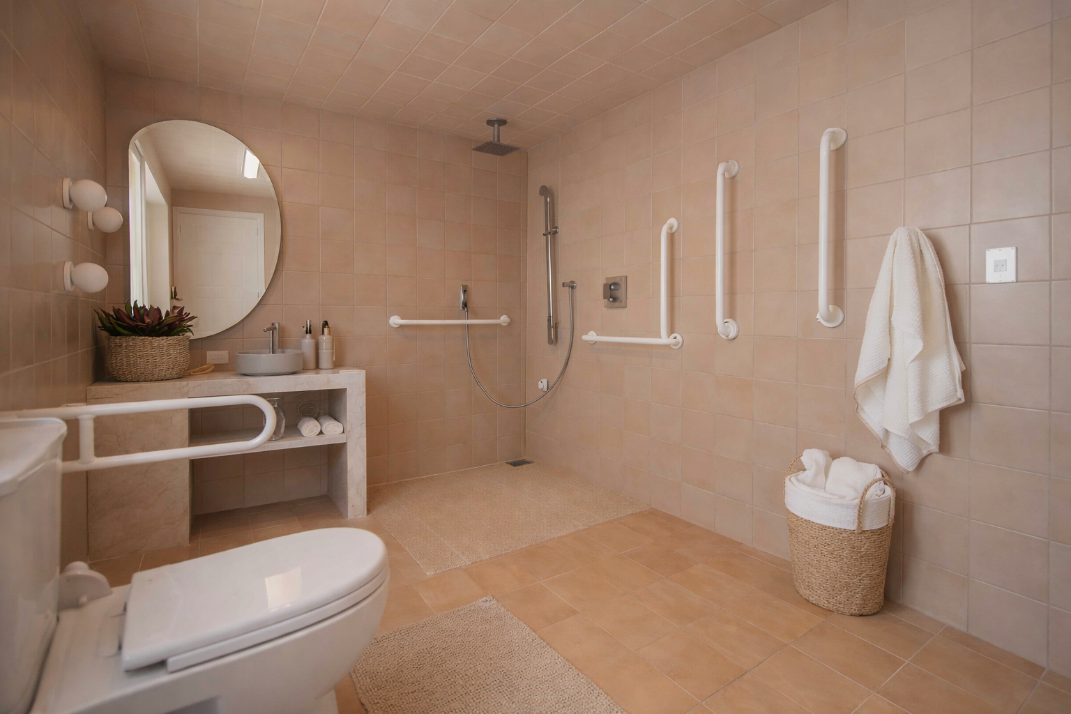 Banheiro acessível com barras de apoio, área ampla e piso antiderrapante, projetado para segurança e mobilidade de idosos.