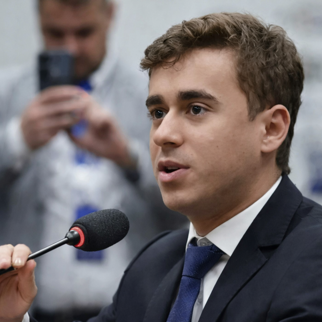 Nikolas Ferreira fala ao microfone em sessão oficial, usando terno escuro e gravata azul, com assessor ao fundo registrando o momento.