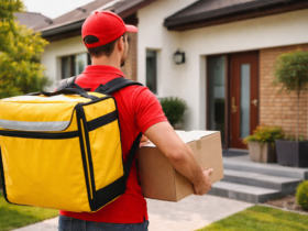 Entregador com mochila térmica em frente a casa residencial durante serviço de entrega urbana em bairro.