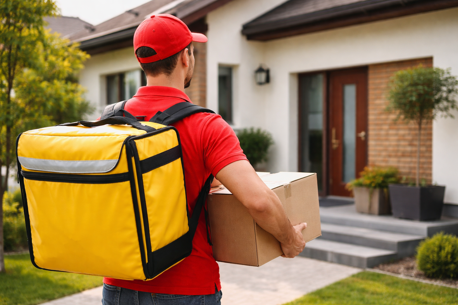 Entregador com mochila térmica em frente a casa residencial durante serviço de entrega urbana em bairro.