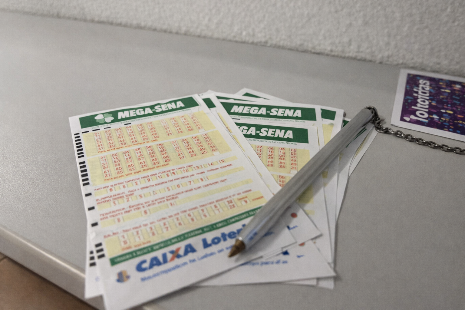 Volantes da Mega-Sena com caneta apoiada sobre os bilhetes em casa lotérica, representando aposta para prêmio milionário