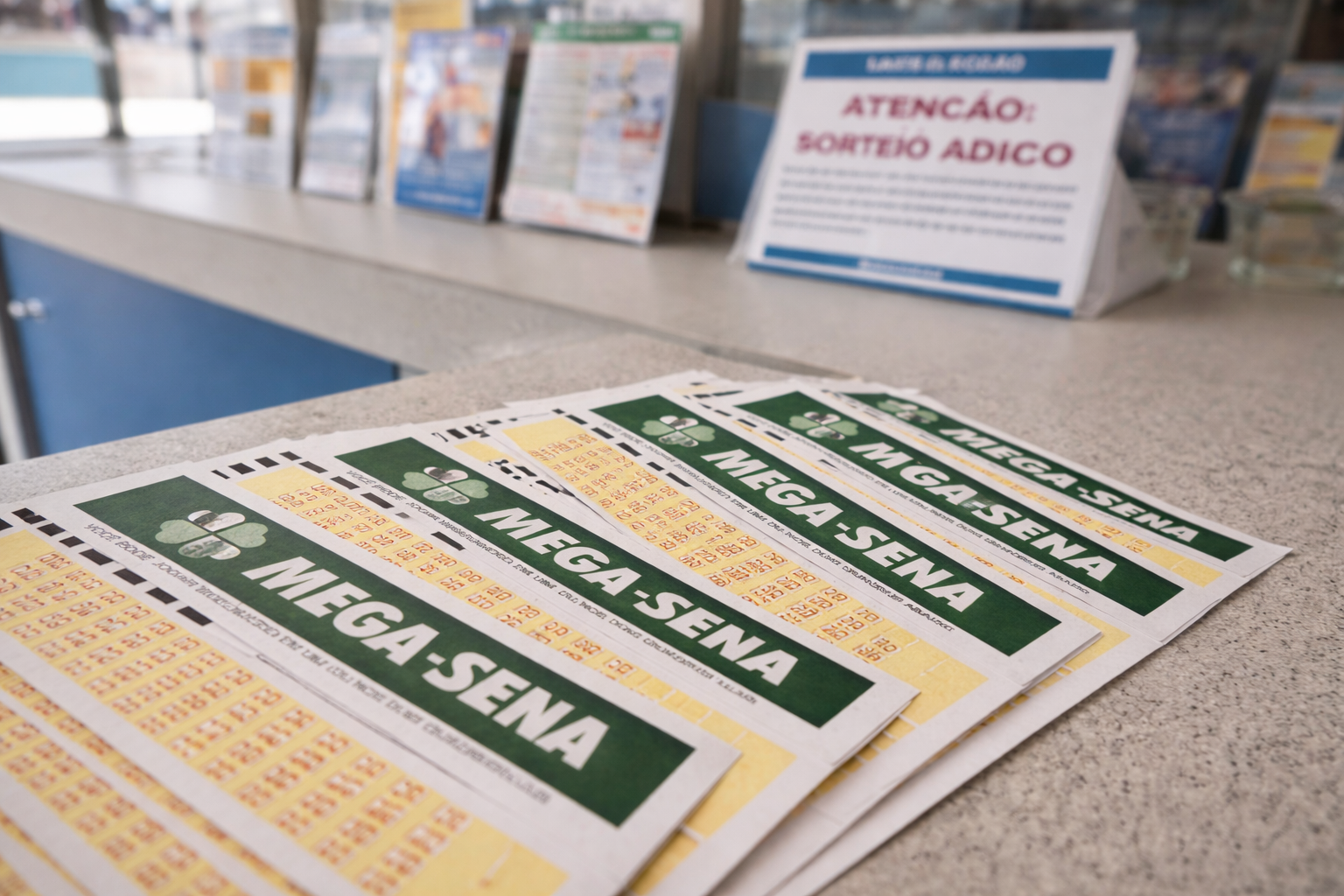Volantes da Mega-Sena alinhados em ângulo diagonal sobre superfície clara, representando apostas em concurso milionário