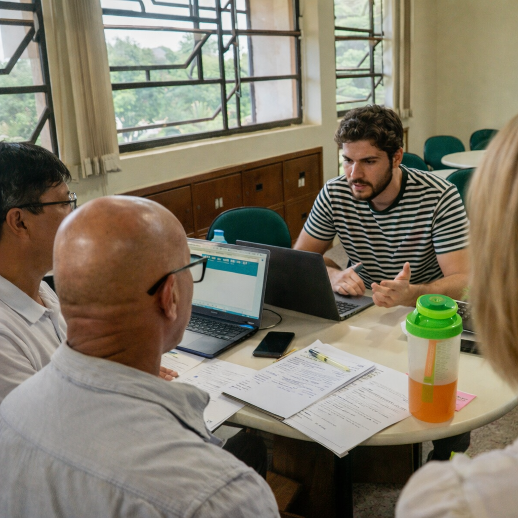 Professores e gestores reunidos em sala com notebook e documentos discutindo conectividade em escola rural do Distrito Federal