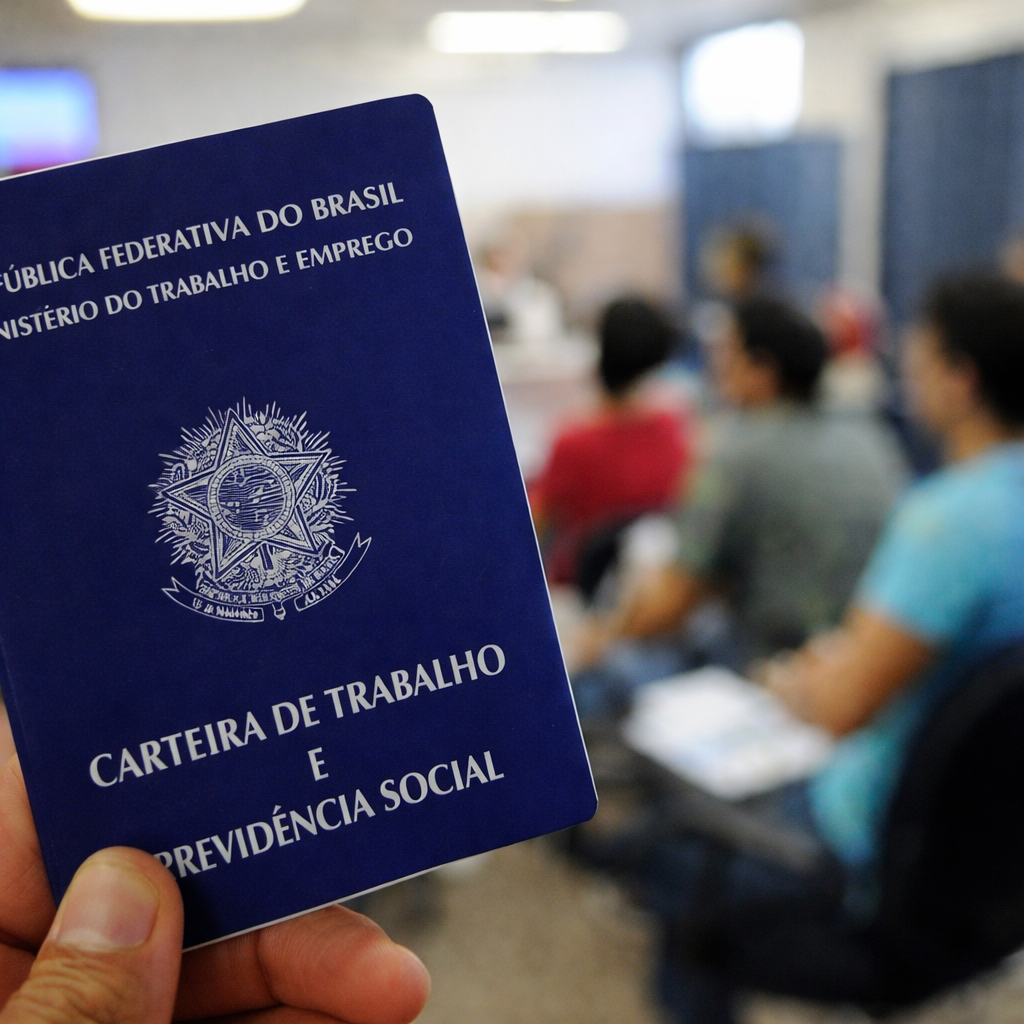 Carteira de Trabalho e Previdência Social em primeiro plano com trabalhadores desfocados ao fundo, representando debate sobre jornada de trabalho no Brasil