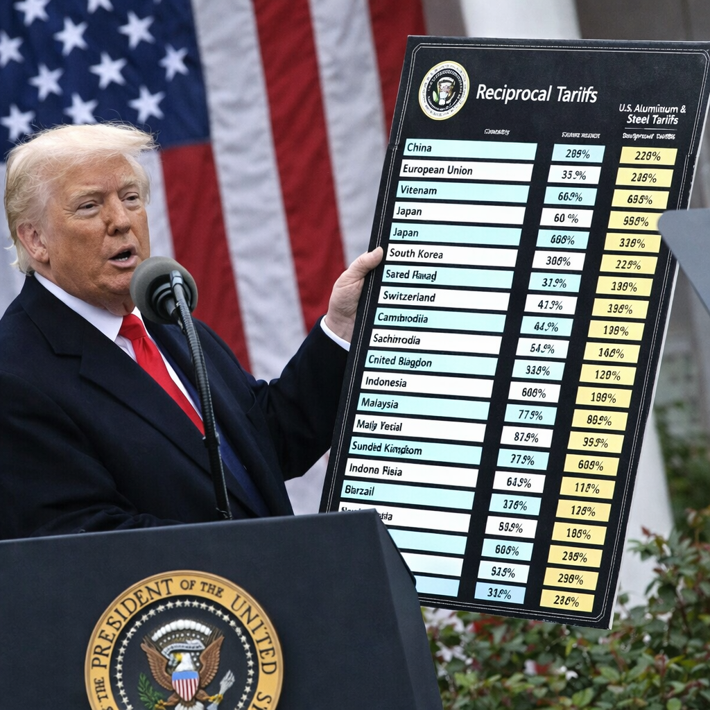 Autoridade norte-americana apresenta painel com tarifas sobre aço e alumínio diante da bandeira dos Estados Unidos, simbolizando política comercial dos EUA