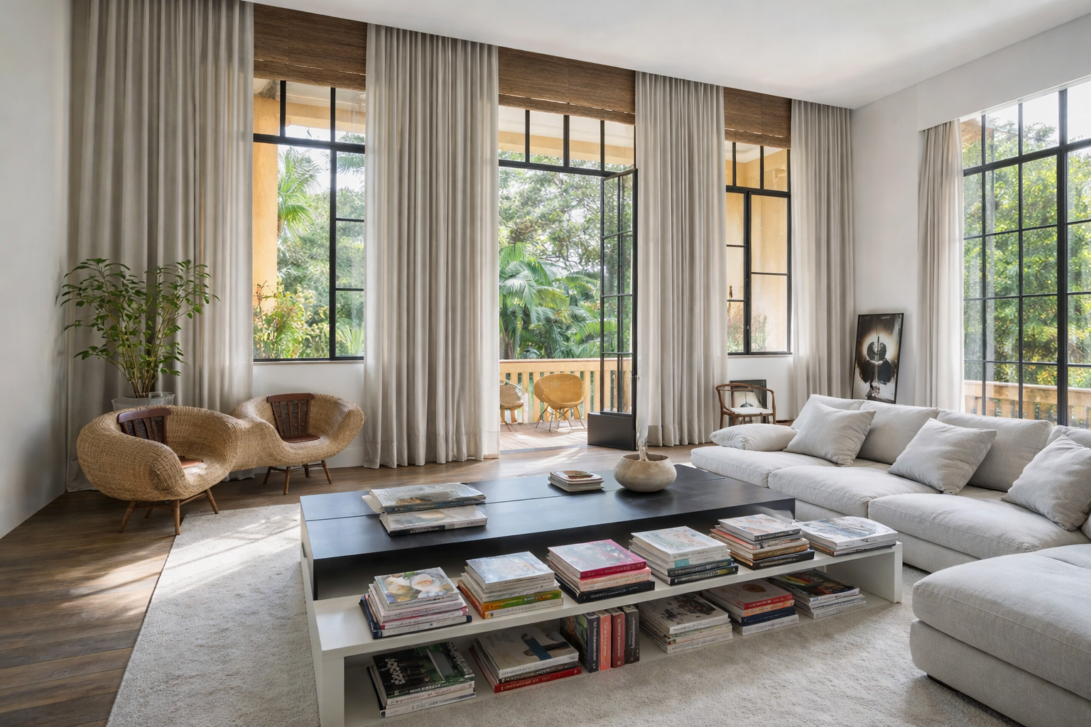 Sala de estar moderna com sofá claro, mesa de centro com livros e grandes janelas integradas à varanda com vista para área verde