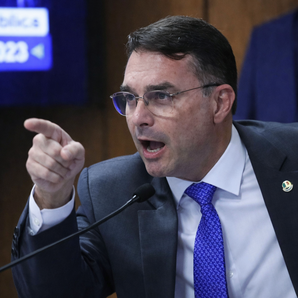 Flávio Bolsonaro fala ao microfone durante sessão no Senado, usando terno escuro e gravata azul em plenário oficial