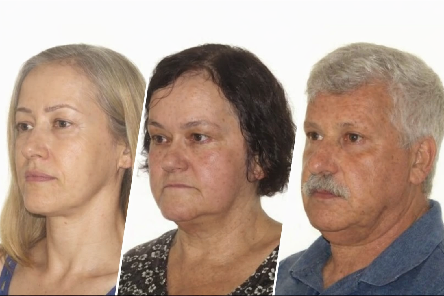 Fotos de três integrantes de família desaparecida no RS, exibidas em retratos individuais para divulgação oficial das buscas