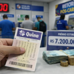 Cliente segura volante da Quina em lotérica com painel indicando prêmio estimado de R$ 7,2 milhões e horário do sorteio às 20h.