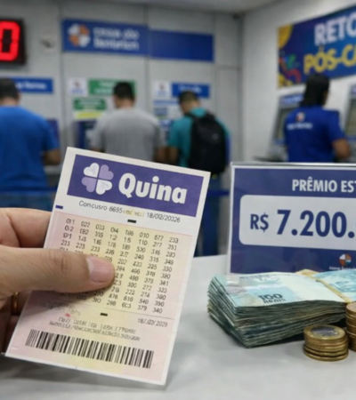 Cliente segura volante da Quina em lotérica com painel indicando prêmio estimado de R$ 7,2 milhões e horário do sorteio às 20h.