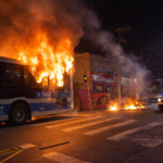 Dois ônibus urbanos incendiados na zona sul de São Paulo, com chamas altas, fumaça intensa e viatura policial ao lado da via.