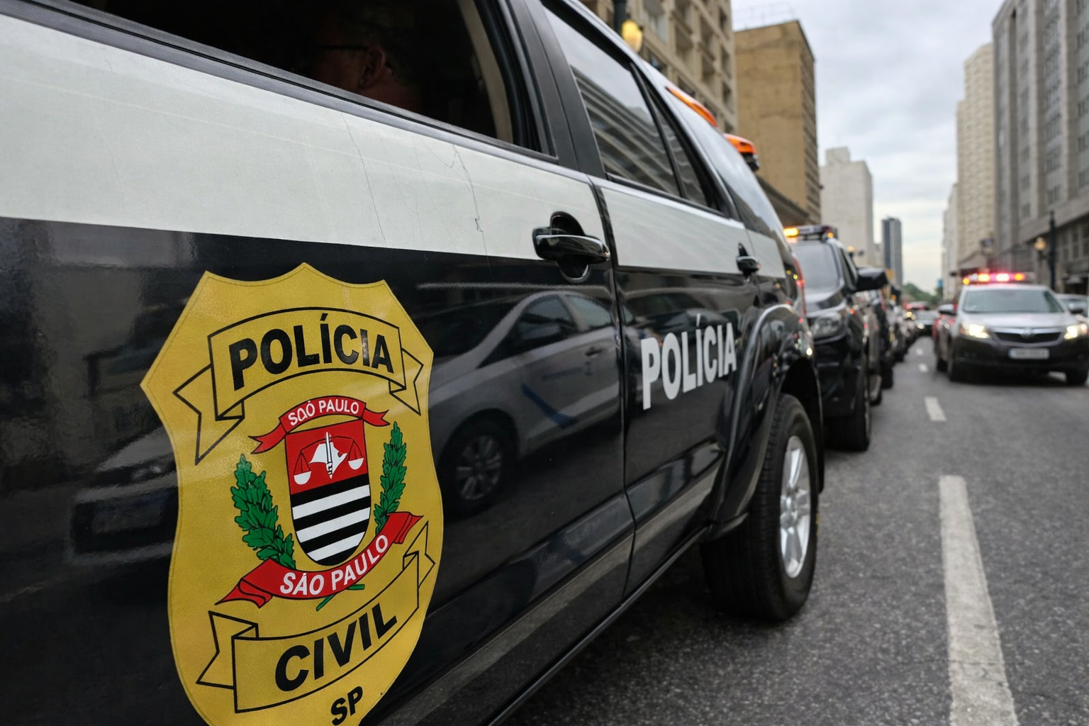 Viatura da Polícia Civil de São Paulo estacionada em rua urbana, com brasão oficial em destaque e outras viaturas ao fundo.