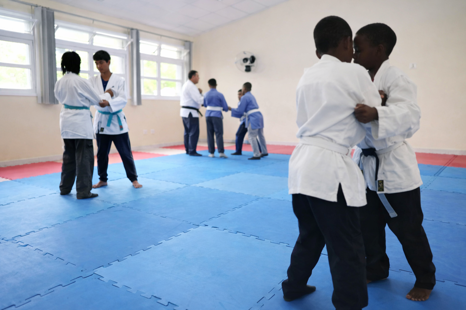 Estudantes treinando judô em sala com tatame durante projeto de contraturno escolar em ambiente educativo.