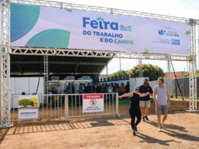 Pórtico de entrada da Feira do Trabalho e do Campo em Santa Maria, no Distrito Federal, com visitantes acessando o evento.