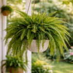 Samambaia verde e volumosa em vaso suspenso por cordas, posicionada em varanda com luz natural indireta e jardim desfocado ao fundo.