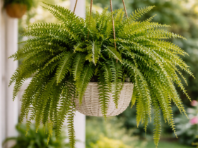 Samambaia verde e volumosa em vaso suspenso por cordas, posicionada em varanda com luz natural indireta e jardim desfocado ao fundo.