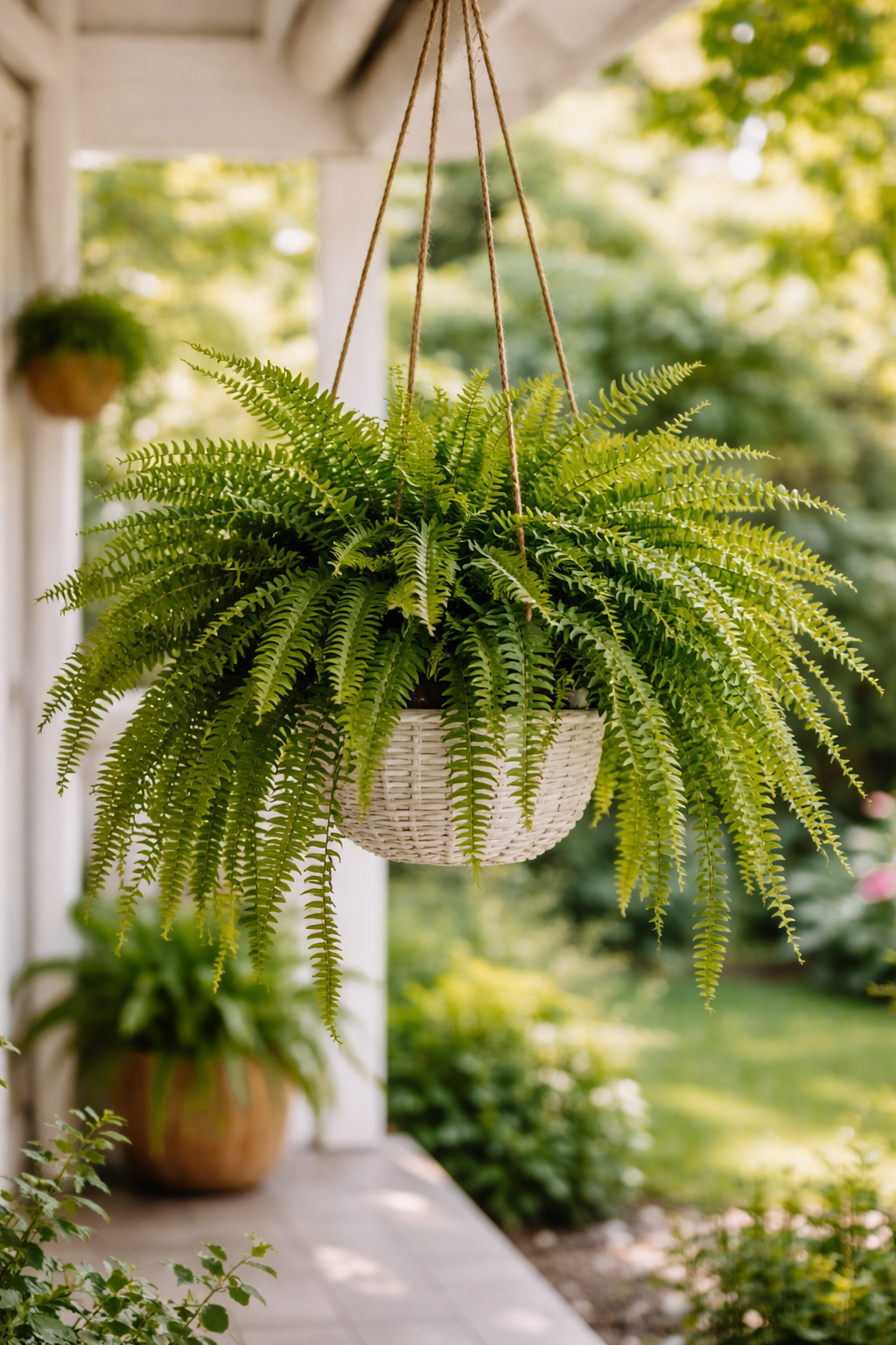 Samambaia verde e volumosa em vaso suspenso por cordas, posicionada em varanda com luz natural indireta e jardim desfocado ao fundo.