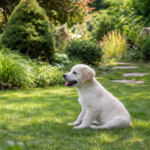 Filhote de golden retriever sentado em gramado verde, em jardim residencial com plantas ornamentais e fundo desfocado sob luz natural.