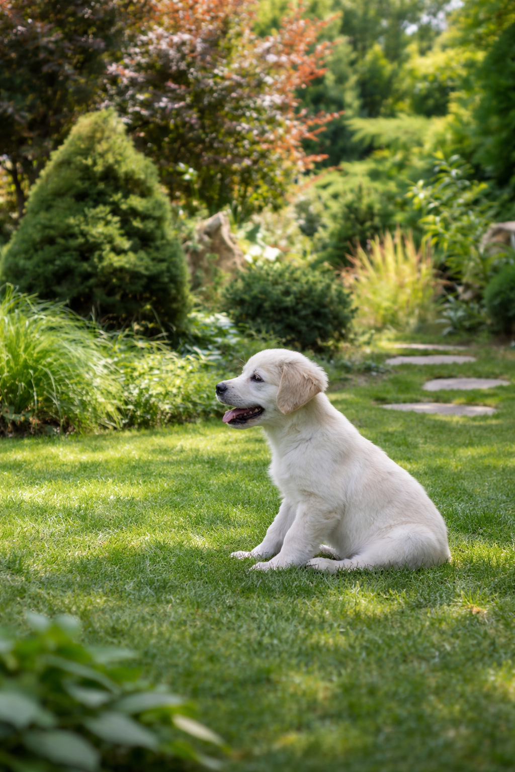 Filhote de golden retriever sentado em gramado verde, em jardim residencial com plantas ornamentais e fundo desfocado sob luz natural.