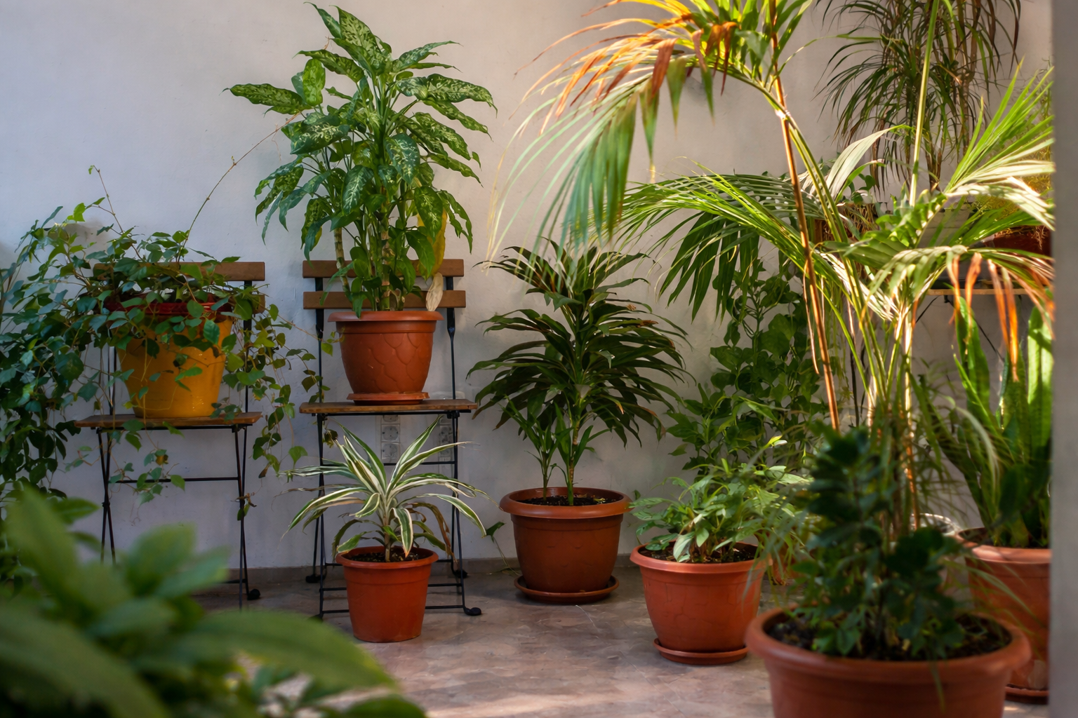 Ambiente interno com diversas plantas ornamentais em vasos de cerâmica, organizadas em suportes metálicos e iluminadas por luz natural lateral.