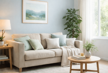 sala decorada com cores que acalmam como azul verde e bege criando ambiente tranquilo e relaxante em casa