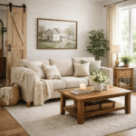 sala decorada no estilo farmhouse com móveis de madeira tons neutros plantas e ambiente acolhedor inspirado em casa de fazenda