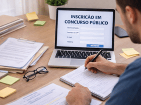 pessoa realizando inscrição para concurso público em computador com documentos sobre mesa