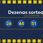 números sorteados da Quina 6986 exibidos em gráfico azul e amarelo sem logotipo