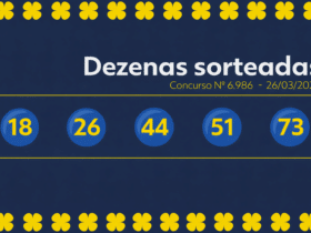 números sorteados da Quina 6986 exibidos em gráfico azul e amarelo sem logotipo