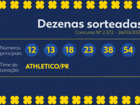 dezenas sorteadas da Timemania 2372 em gráfico azul e amarelo com time do coração Athletico PR**